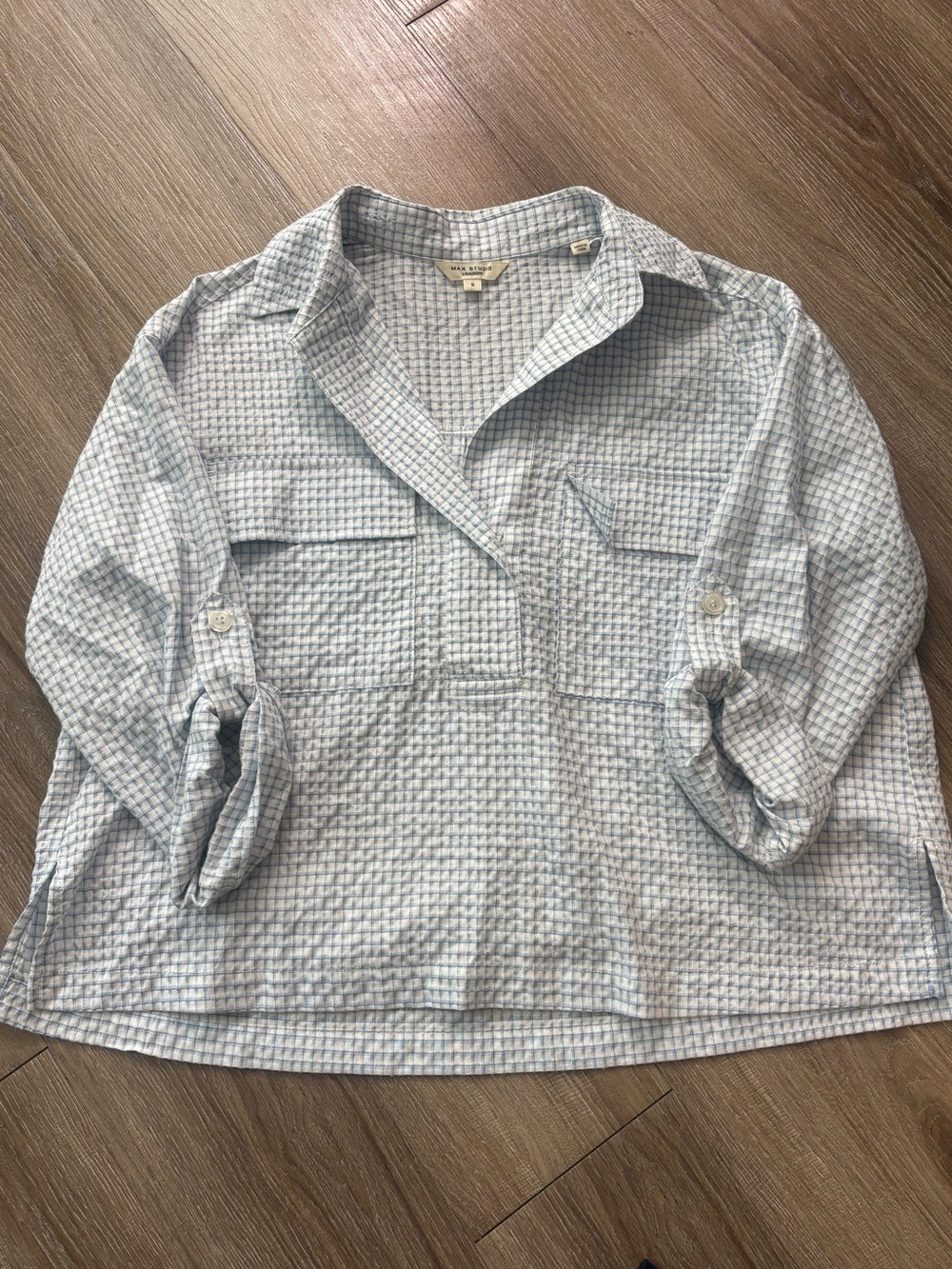 Max Studio Light Blue Check Button-Tab Sleeve Shirt